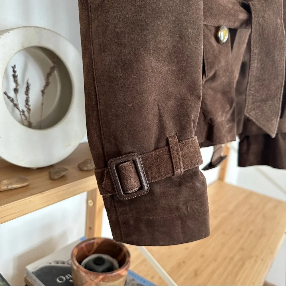 Vintage Suede Leather Cropped Trench Coat Small - Picture 5 of 7